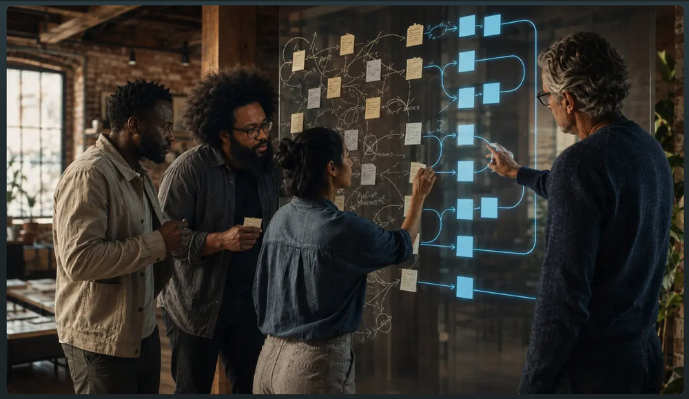 A hand-drawn process diagram on glass with a blue structured overlay