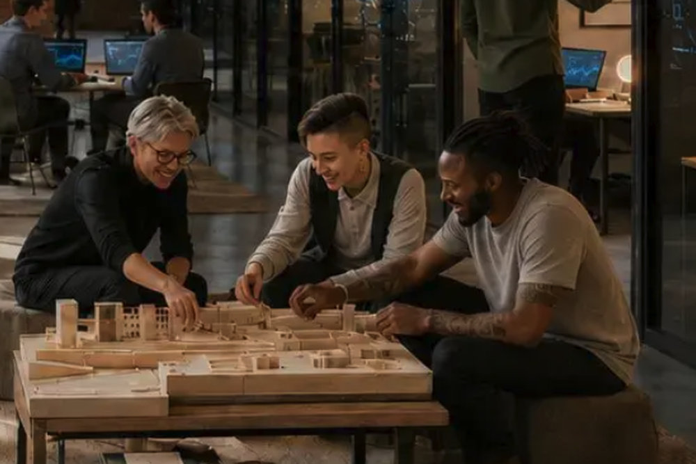 Three colleagues working together over a wooden architectural model