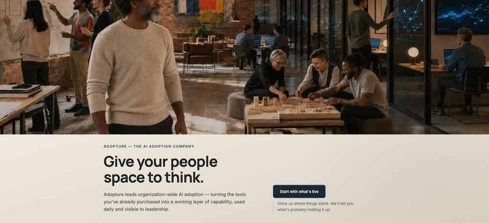 The Adopture homepage: a working office above, the headline Give your people space to think below