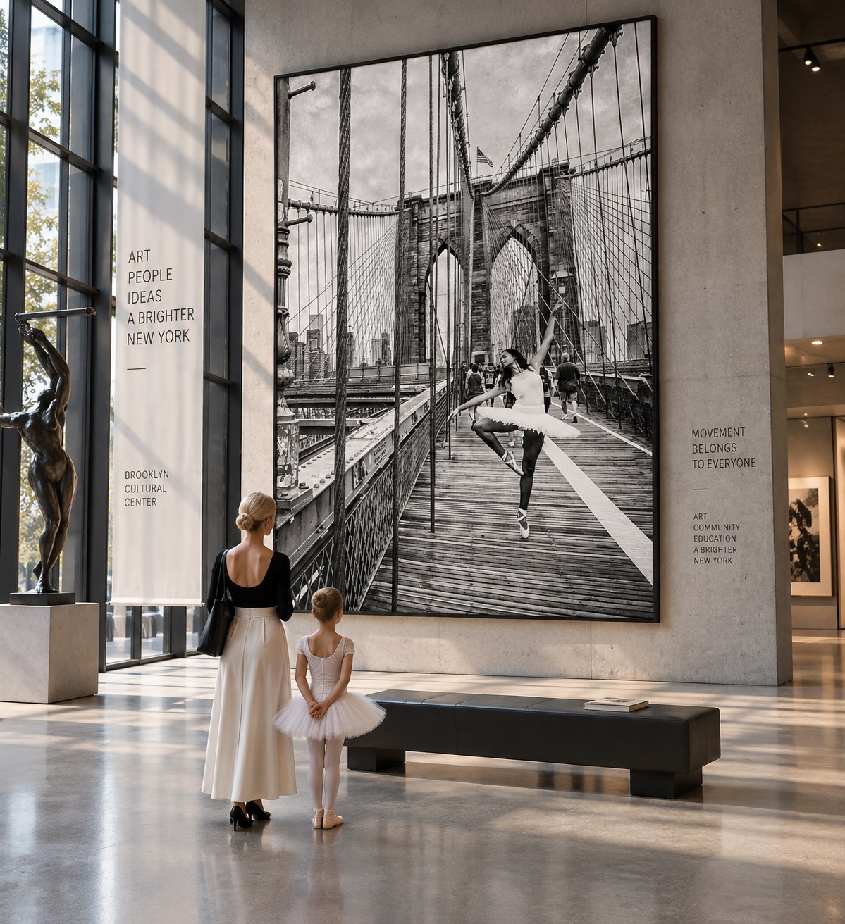 The print shown at architectural scale in a Brooklyn cultural space.