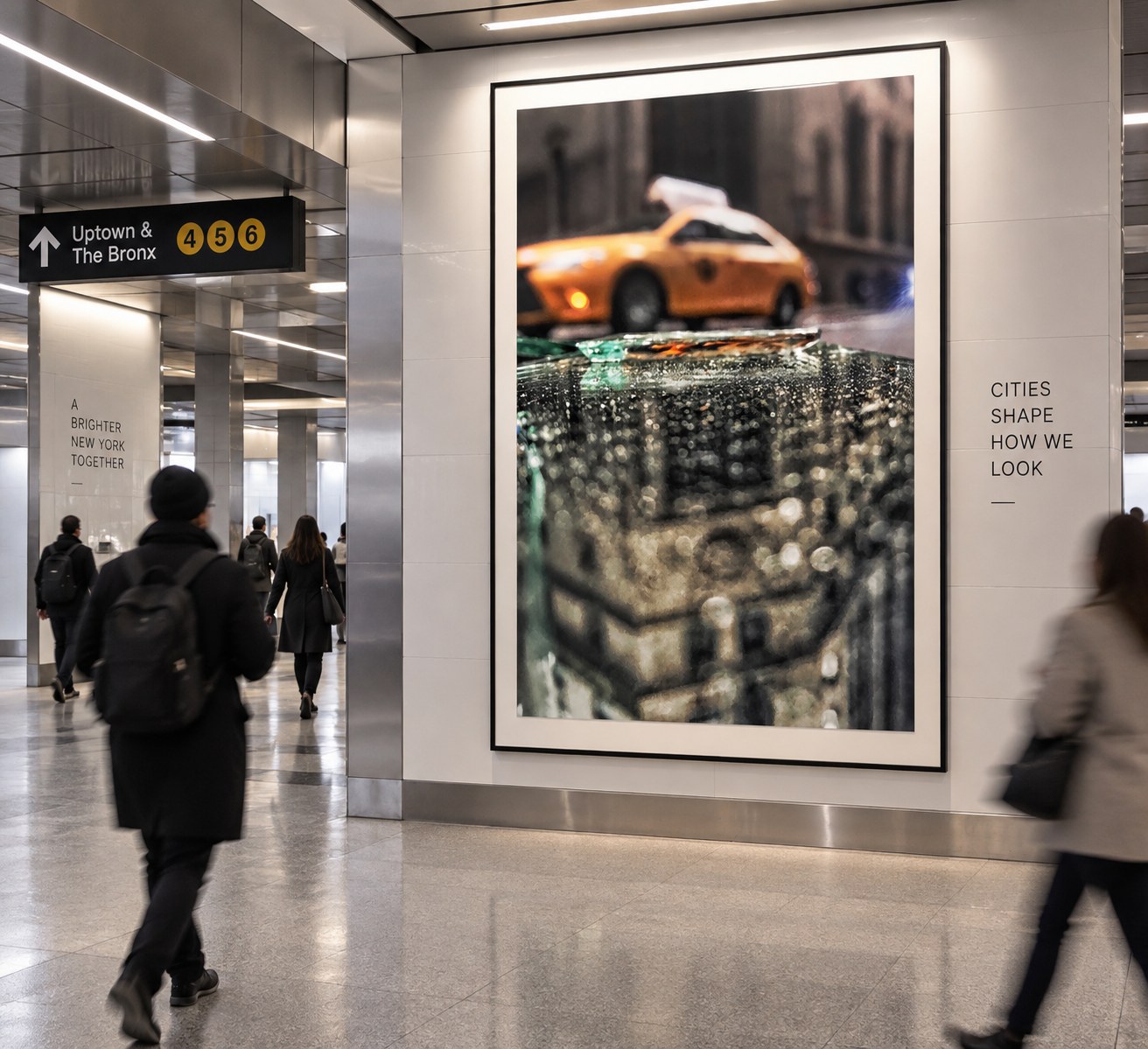 The print shown at architectural scale in a New York subway concourse.