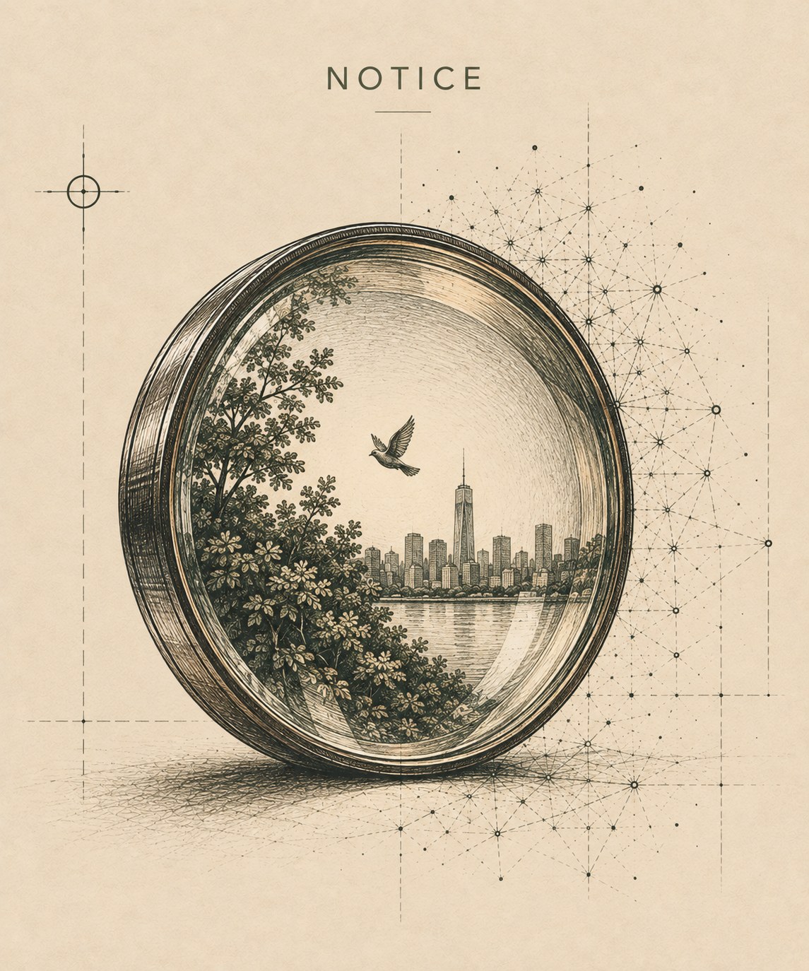 Notice — an illustrated plate: a glass lens holding a city skyline, water and a bird in flight.