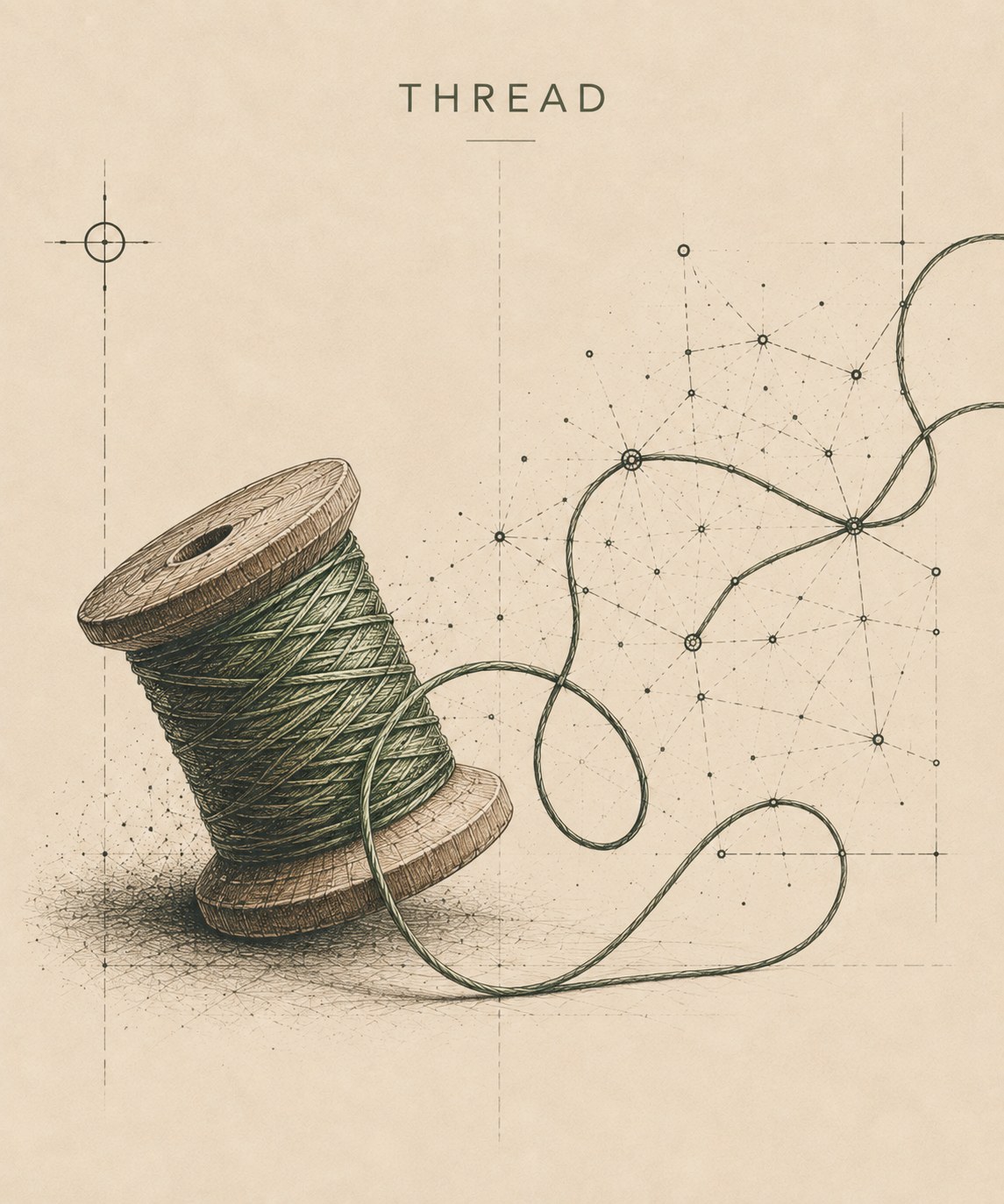 Thread — an illustrated plate: a wooden spool with green thread unwinding across a field of nodes.