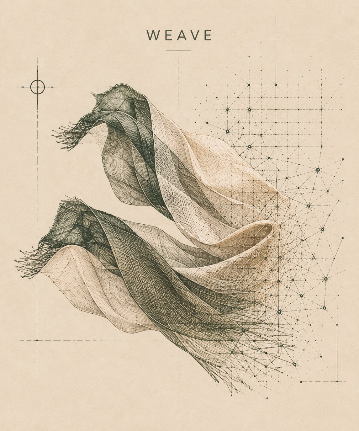 Weave — an illustrated plate: lengths of woven cloth turning in the air above a lattice of points.